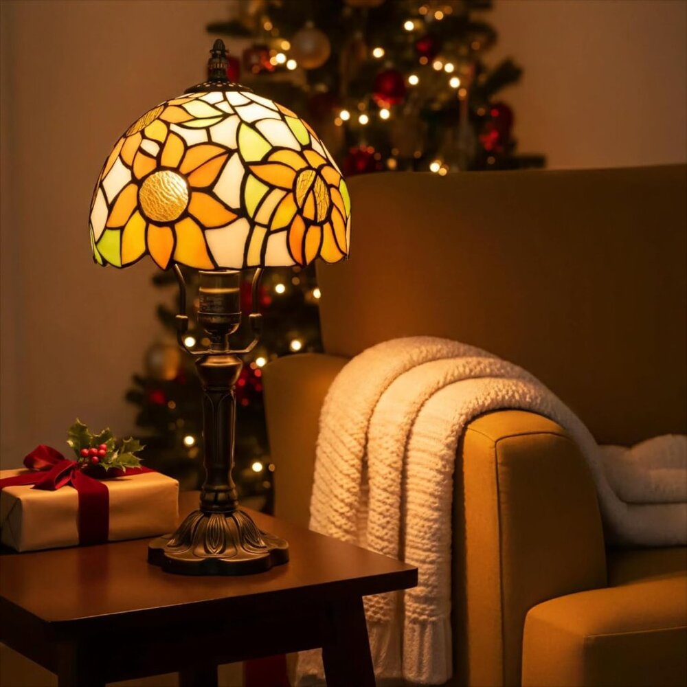 Tiffany Style Lamp Stained Glass 3 Way Table Lamp, Yellow Sunflower 8 Inch High